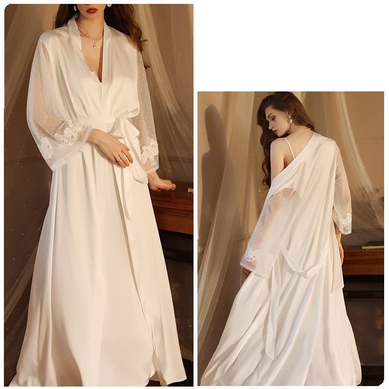 gara kimono stila satīna un mežģīņu kleita