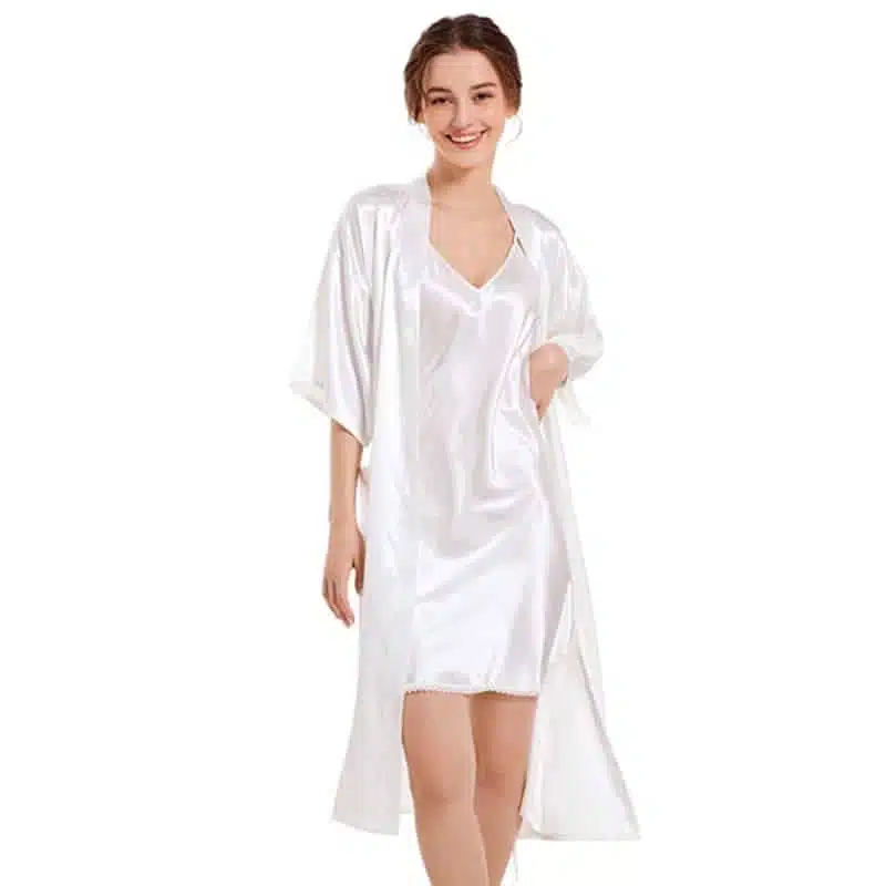 Nuisette en satin blanche sexy pour femmes, ensemble 2 pièces
