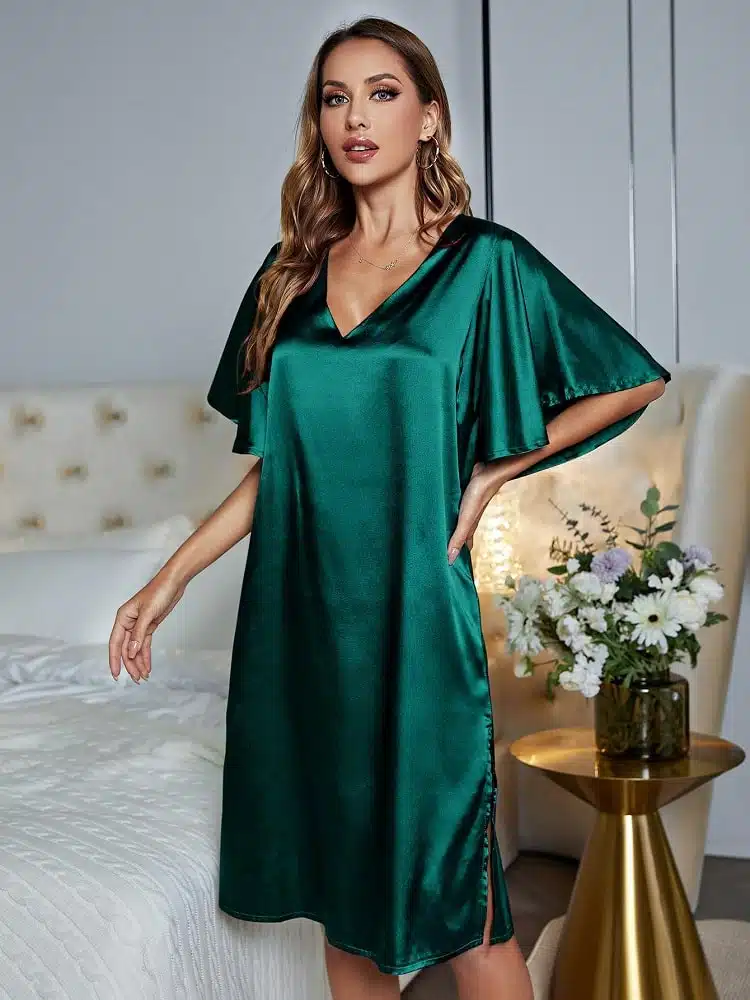 Robe de nuit ample verte à manches évasées – Image 6